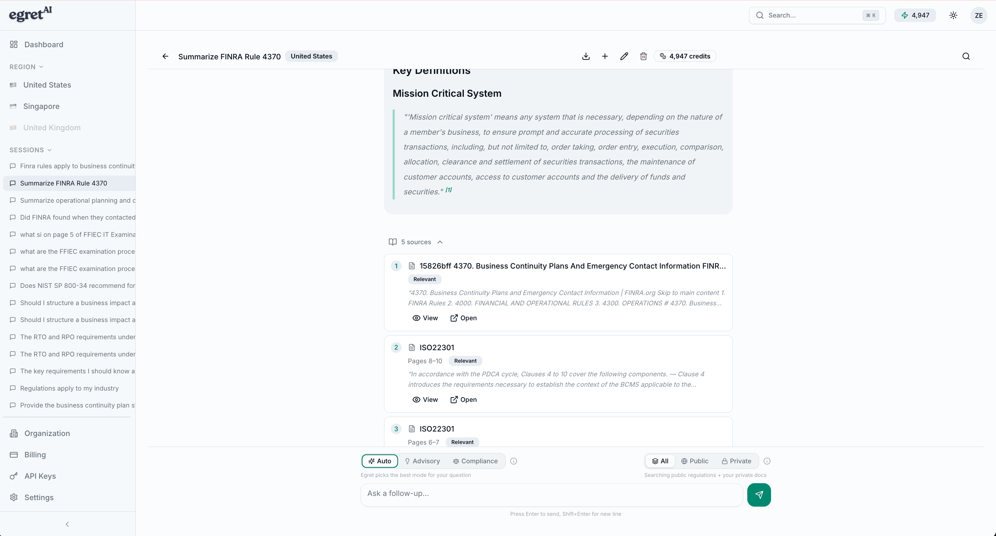 Dashboard interface showing regulatory data analysis